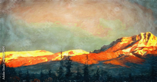 Trendy beautiful travel landscape, bright colors of power of nature. Touristic famous location. Oil painted wall art print in large size, creative drawing design. Contemporary pictorial artwork