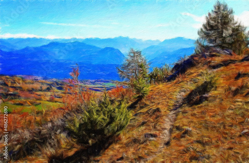 Trendy beautiful travel landscape, bright colors of power of nature. Touristic famous location. Oil painted wall art print in large size, creative drawing design. Contemporary pictorial artwork