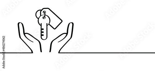 Hand giving car keys. Supporting, two open hands or open hand palms. Outline valet key hand icon or logo. Line pattern. Car rental or sale concep or new home.