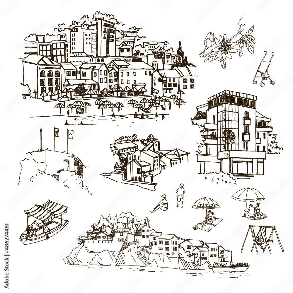 Vector sketches of Montenegro (Petrovac, San Stefan). The architecture of villas and hotels, umbrellas and sun beds, boats, people on the beach, flora.