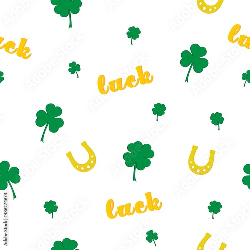 seamless pattern with clover, trefoil, shamrock, golden horseshoe and luck for Saint Patrick's day