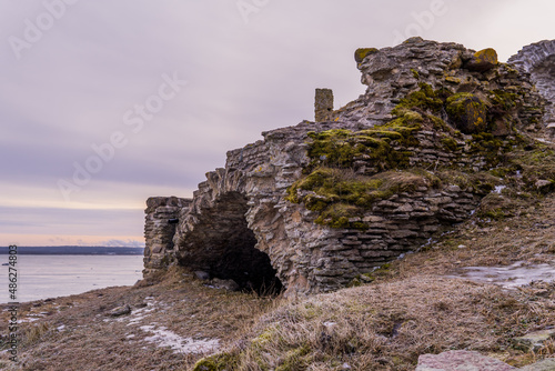 The ruins of Toolse Fortress on the Baltic Sea in Northern Estonia on a moody day at sunrise