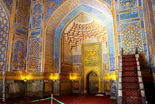 Interior of Tilya-Kori Madrasah on Registan Square in Samarkand   Uzbekistan  Central Asia