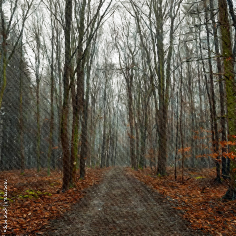 Fototapeta premium Watercolor and oil mixed landscape paintings in autumn or summer colors. Poster, canvas print or large size background template with wild nature landscape. Rural motifs artwork, textured brush strokes