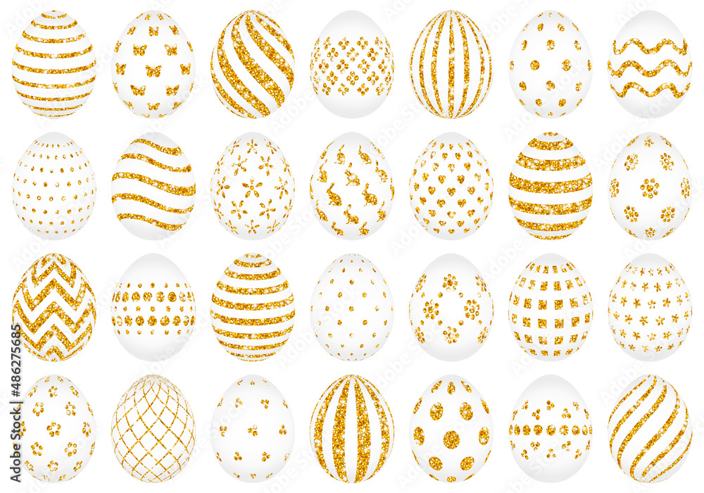 Set Weiße Ostereier Mit Verschiedenen Goldenen Mustern Glitzer Set Weiße Ostereier Mit Verschiedenen Goldenen Mustern Glitzer