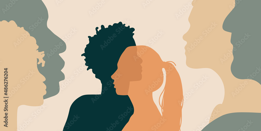 cross cultural, racial equality, multi ethical, diversity children and teenagers. conversation and family impact on relationship, character development, beliefs, habits. background of human silhouette