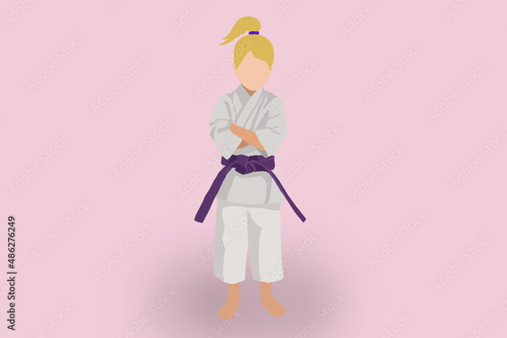 Flat illustration of little kid girl in karate or judo kimono with violet belt isolated on pink background. Self defence, training and martial arts concept with copy space. Flat illustration of little kid girl in karate or judo kimono with violet belt isolated on pink background. Self defence, training and martial arts concept with copy space.