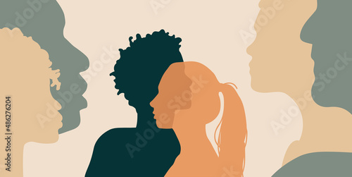 cross cultural, racial equality, multi ethical, diversity children and teenagers. conversation and family impact on relationship, character development, beliefs, habits. background of human silhouette
