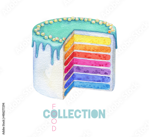 Rainbow cake. Watercolor birthday cake. Mirror turquoise glaze. Dessert food illustration