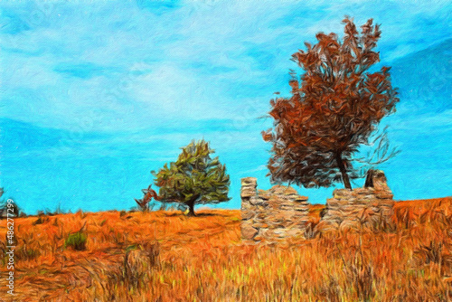 Watercolor and oil mixed landscape paintings in autumn or summer colors. Poster, canvas print or large size background template with wild nature landscape. Rural motifs artwork, textured brush strokes