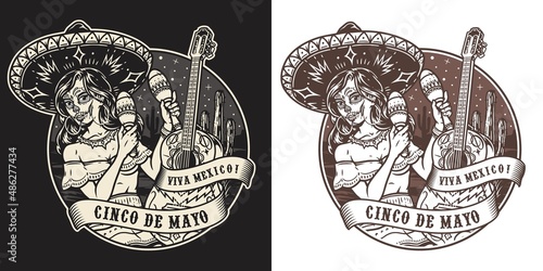 Round vintage emblem with Mexican woman