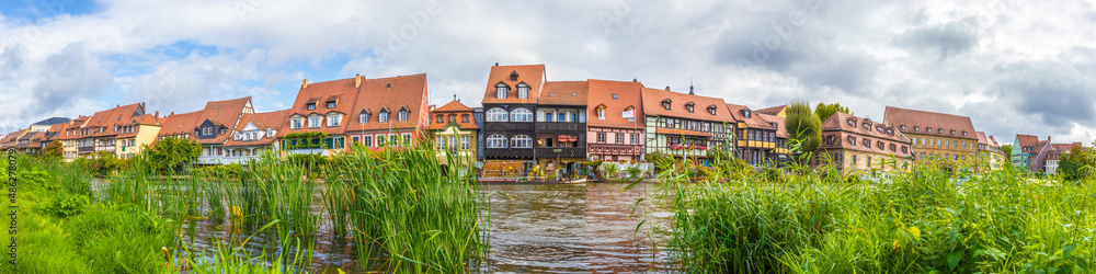 Traditional buildings at the Regnitz river in the historic old town of Bamberg, a medieval city in Upper Franconia, Germany. Famous travel, tourism destination