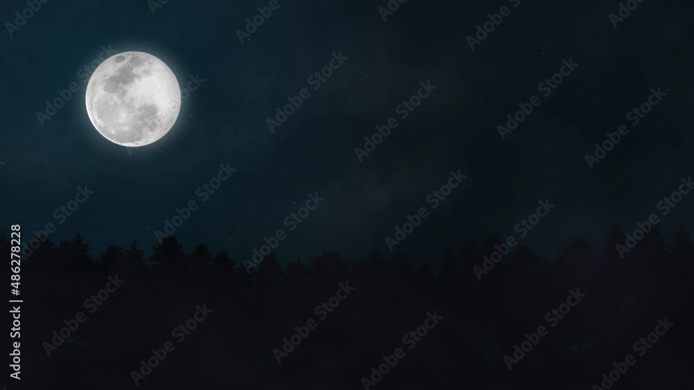 Blue Night Sky With Full Moon And Stars Above Forest Silhouette. Blue Night Sky With Full Moon And Stars Above Forest Silhouette.