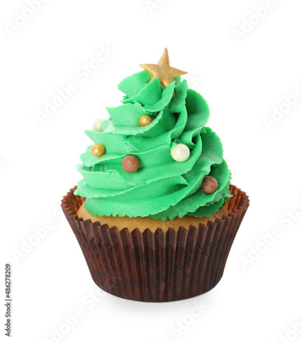 Tasty Christmas tree cupcake isolated on white