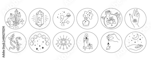 Set of circle icons for highlights, templates for blog and social media. Hand, snake, moon, cosmic and floral elements.