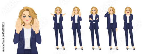 Elegant beautiful business woman showing negative emotions with different gestures set. Frightened, sad, angry, upset, refused isolated vector ilustration.