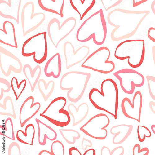 Hand drawn cute doodle pink red hearts white seamless love pattern. For Valentine's Day, weddings.