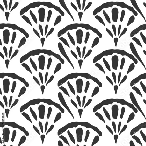 Hand drawn black geometric seamless modern abstract white pattern. Cute seashell design vector line for paper, fabric, bathroom, book.
