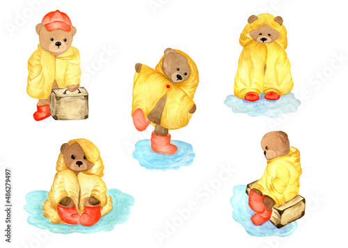 set of five cute watercolor teddy bears in a yellow raincoat. isolated objects on white background.