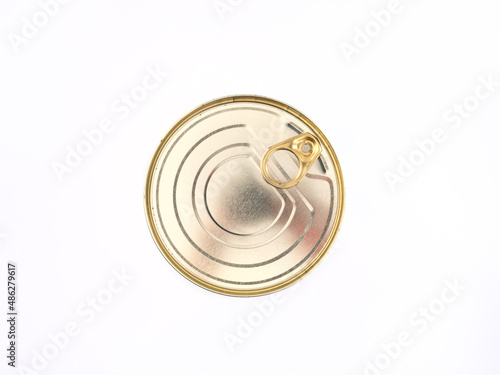 Metal round tin can with a pull tab, isolated. Canned food, top view. Packshot photo for package design, template.