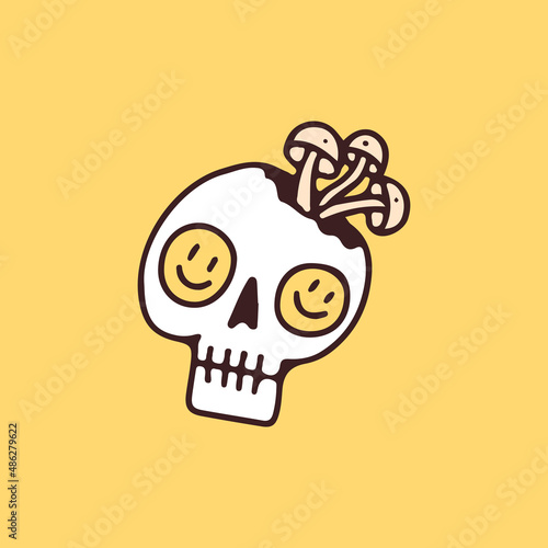 Broken skeleton head with smiley face eyes and mushroom, illustration for t-shirt, sticker, or apparel merchandise. With retro cartoon style.