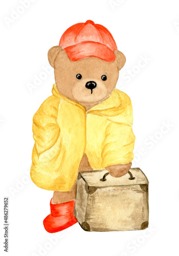 cute watercolor cartoon character teddy bear in a yellow raincoat and red boots with a suitcase. one isolated object on a white background.