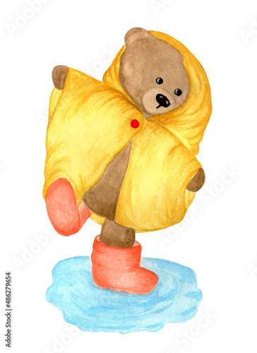 cute watercolor cartoon character teddy bear in a yellow raincoat standing in a puddle. one isolated object on a white background.