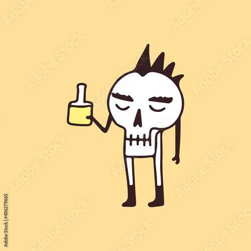 Punk skull holding bottle of beer, illustration for t-shirt, sticker, or apparel merchandise. With retro cartoon style.