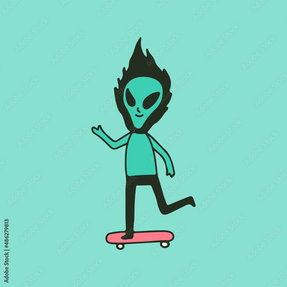 Alien character with burning head ride a skateboard, illustration for t-shirt, sticker, or apparel merchandise. With retro cartoon style. Alien character with burning head ride a skateboard, illustration for t-shirt, sticker, or apparel merchandise. With retro cartoon style.