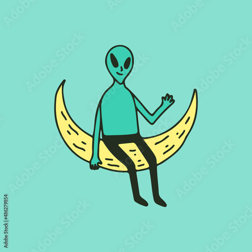 Alien character sitting on the moon, illustration for t-shirt, sticker, or apparel merchandise. With retro cartoon style.