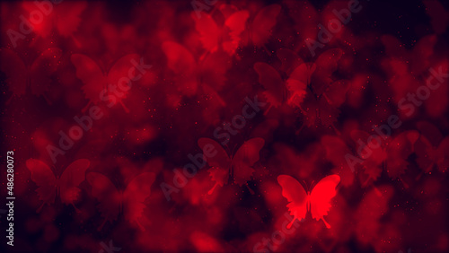 Abstract Mysterious Dark Shinny Red Blurry Focus Big Butterfly Shapes Bokeh Light With Glitter Sparkle Dust Background Design