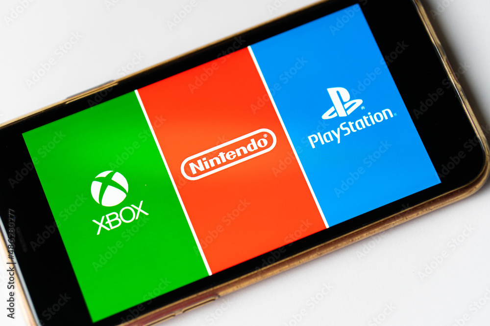 Nintendo vs Playstation vs Xbox logos on smartphone screen. Nintendo Switch  vs PS4 vs Xbox One: Which should you choose? Los Angeles, California, USA -  February 2022 Stock Photo | Adobe Stock
