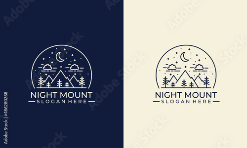 line art mountain logo, simple adventure graphic with tree and sky logo template