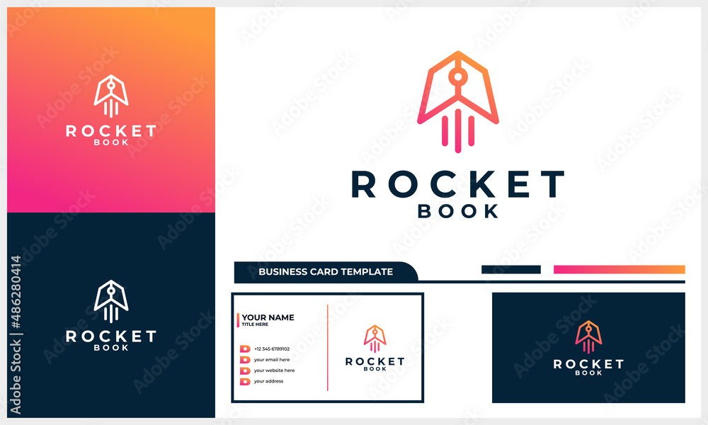 fast learning with book and rocket icon logo concept with business card template