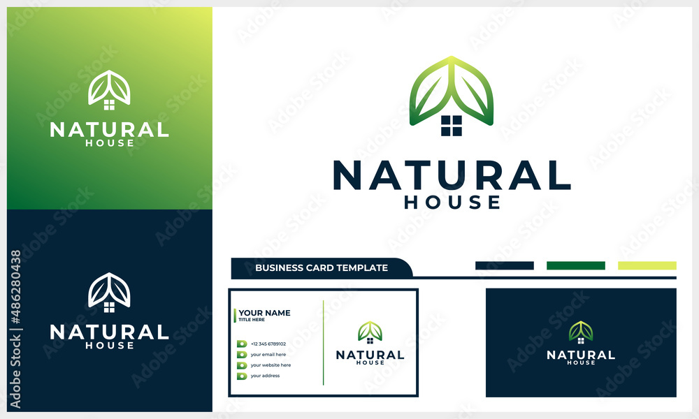 green house, nature leaf with home logo design concept with business card template green house, nature leaf with home logo design concept with business card template