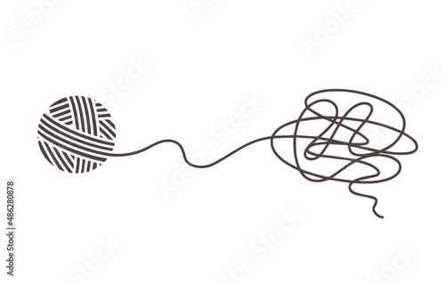 Tangle with tangled thread. Disordered lines. Concept from chaos of thoughts to simplicity and clarity. Illustration of idea of curve, thought process and multitude of solutions