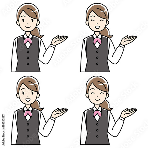 左手で案内する制服の女性（カラー）