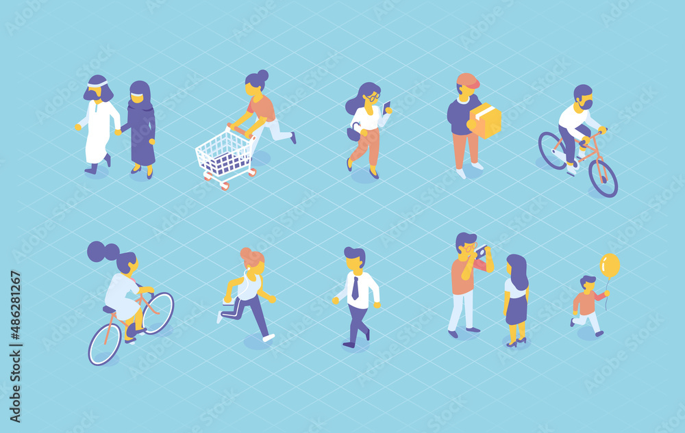 Fototapeta premium Isometric Male and female characters of different nationalities. Outdoor activity. Flat isometric vector.