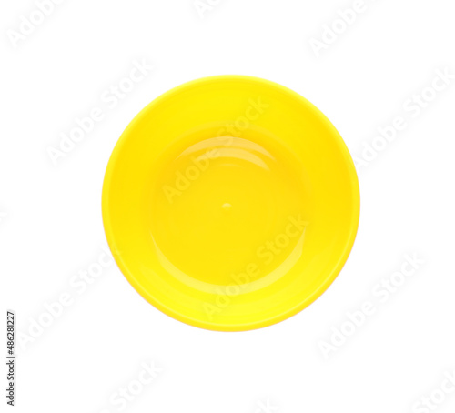 Plastic plate isolated on white, top view. Serving baby food