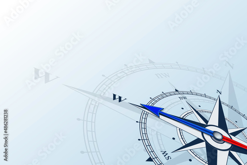 Compass west. Compass with wind rose  the arrow points to the west. Compass on a blue background. Compass illustrations can be used as background. Flat background with copy space place. Travel concept