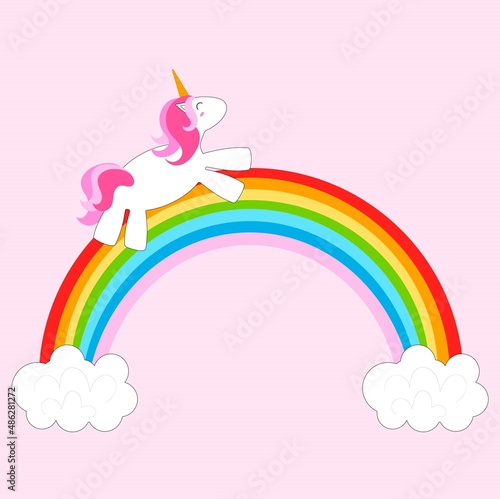 Bright and sweet unicorn jumping on the rainbow