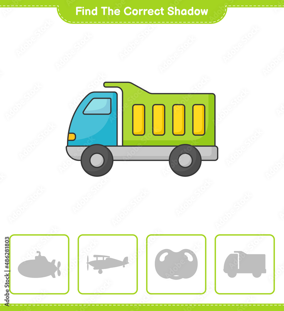 Find the correct shadow. Find and match the correct shadow of Lorry. Educational children game, printable worksheet, vector illustration Find the correct shadow. Find and match the correct shadow of Lorry. Educational children game, printable worksheet, vector illustration