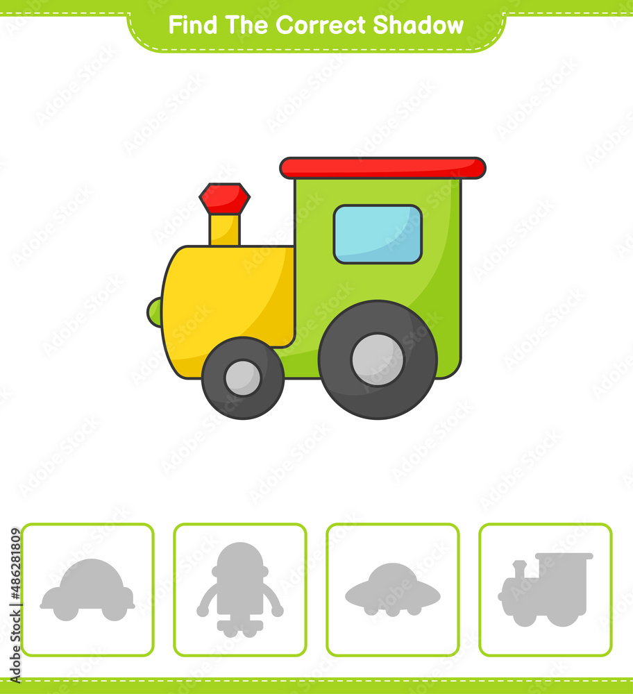 Naklejka premium Find the correct shadow. Find and match the correct shadow of Train. Educational children game, printable worksheet, vector illustration