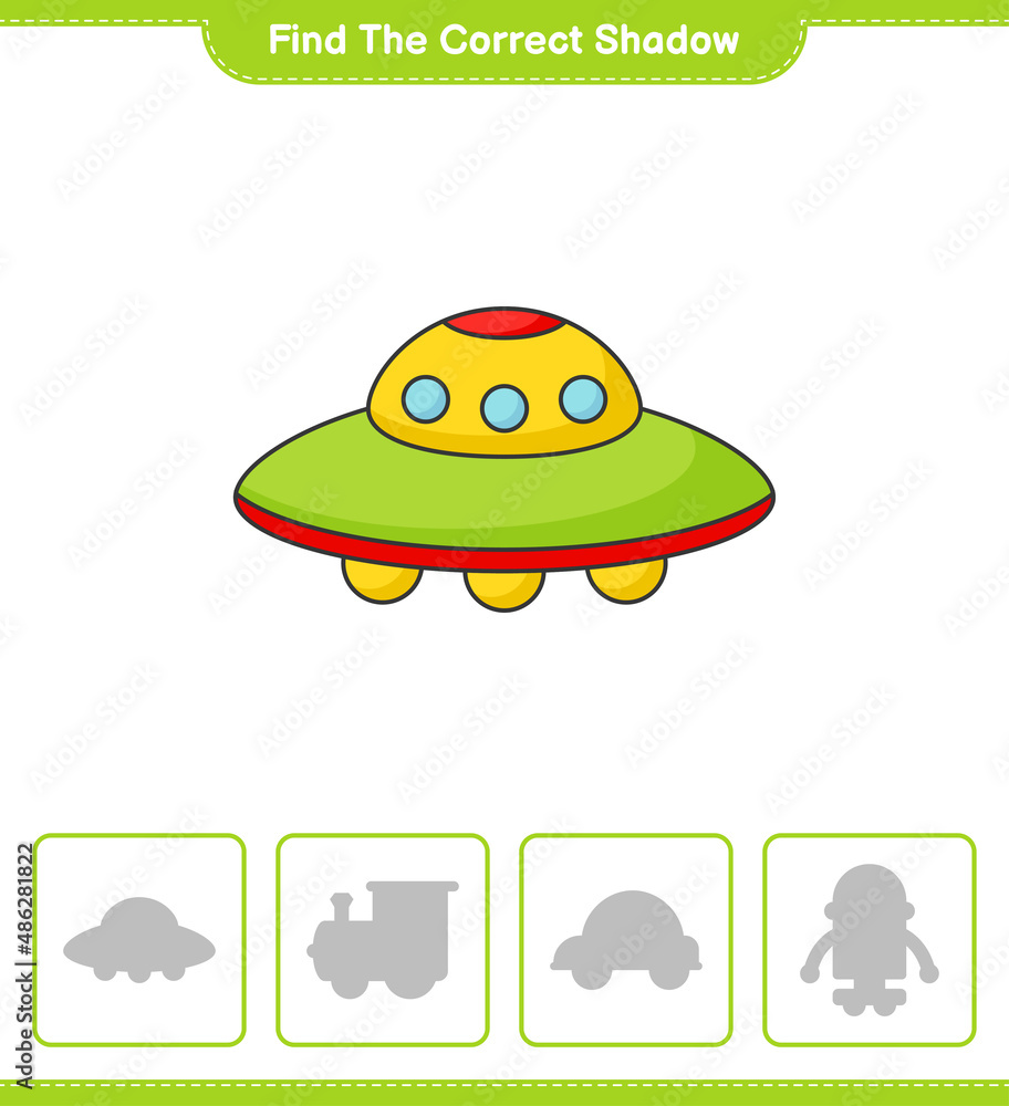 Find the correct shadow. Find and match the correct shadow of Ufo. Educational children game, printable worksheet, vector illustration Find the correct shadow. Find and match the correct shadow of Ufo. Educational children game, printable worksheet, vector illustration