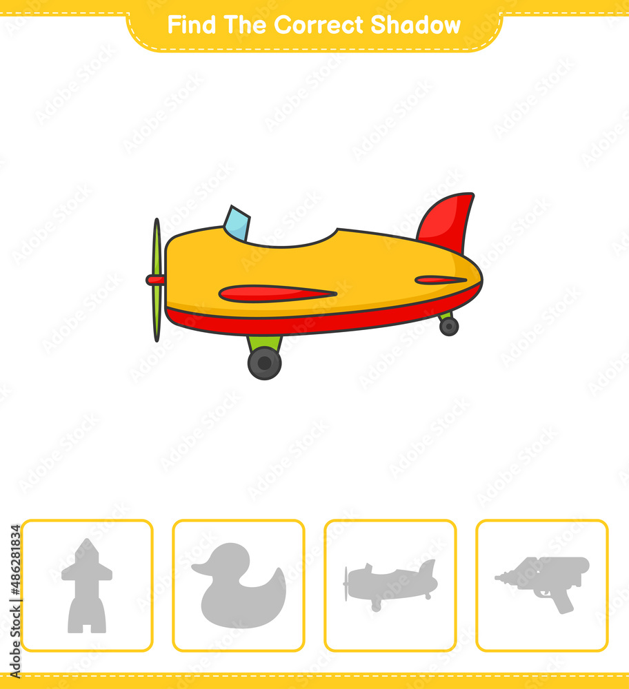 Fototapeta premium Find the correct shadow. Find and match the correct shadow of Plane. Educational children game, printable worksheet, vector illustration