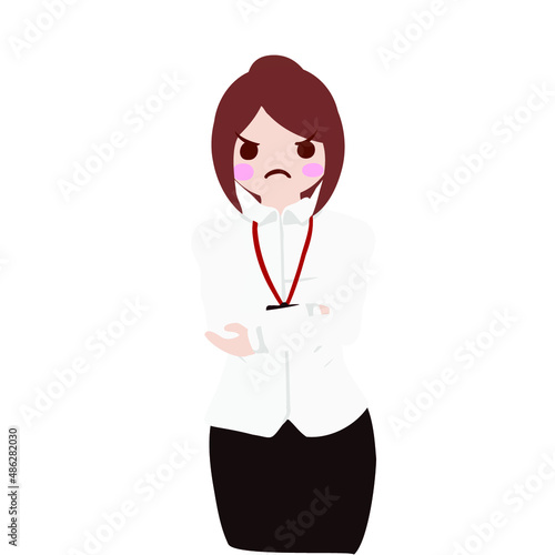 案内】社員証をつけたシャツを着た受付女性が腕組み②【きっと研修】