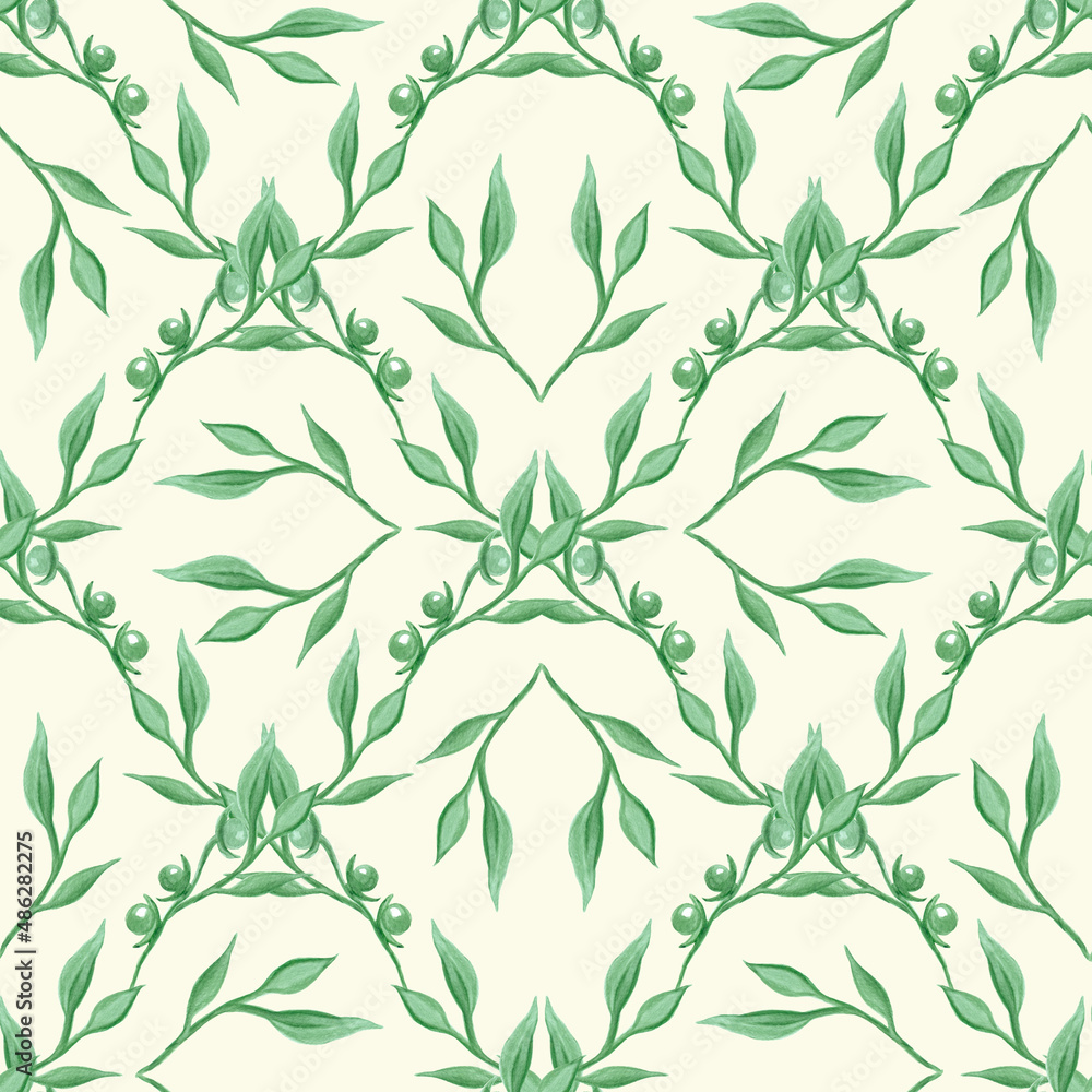 Green leaves and branches. Geometric ornament. Seamless watercolor  pattern. Watercolor illustration