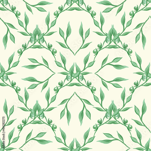 Green leaves and branches. Geometric ornament. Seamless watercolor pattern. Watercolor illustration