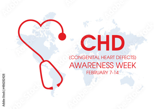 Congenital Heart Defect Awareness Week vector. Stethoscope heart shape and world map icon vector. CHD awareness week Poster, February 7th through 14th. Important day