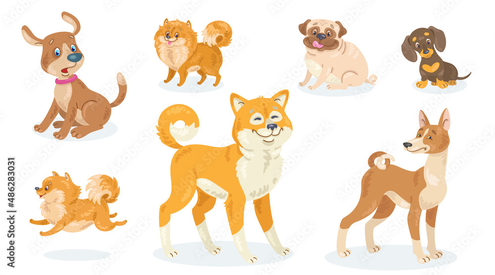 Naklejka premium Collection of seven funny dogs of different breeds, poses and emotions. In cartoon style. Isolated on white background. Vector flat illustration.